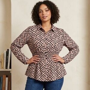 Sweet Rain Geometric Print Blouse X-Large Smocked Waist Long Sleeve Pink/Black